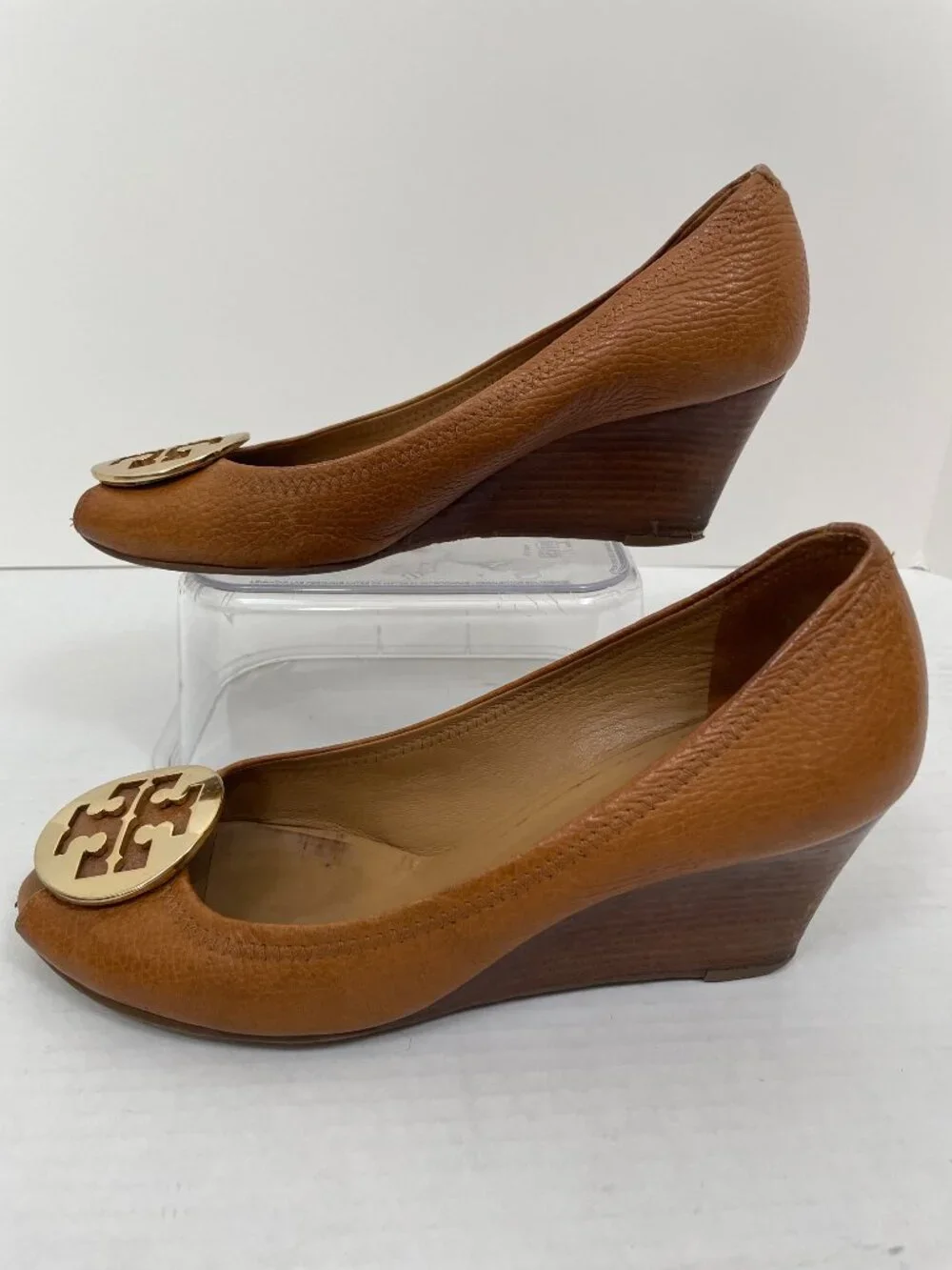 Tory Burch Sally Peep-Toe Wedge Pumps with Gold Logo Brown Leather Size: 9